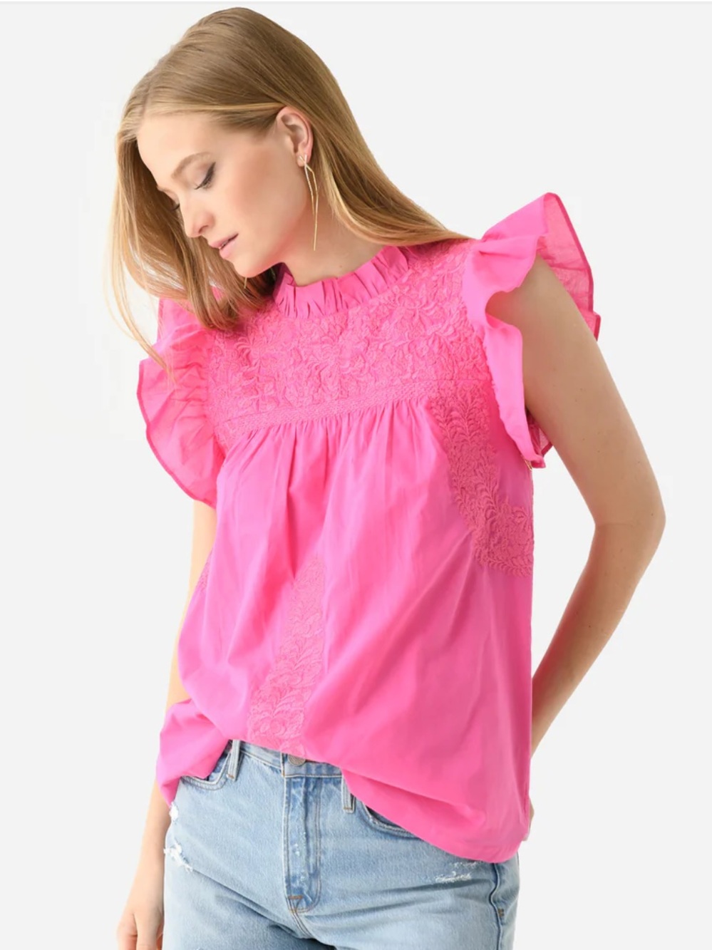 Women’s Sz. S j. Marie Embroidered tunic top w/ Bright Pink Ruffle Sleeve